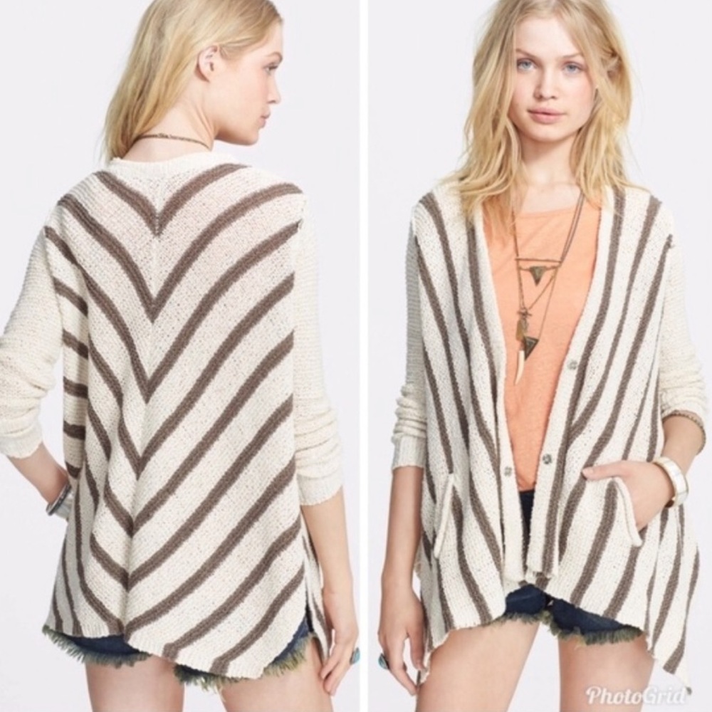 Free People Circle Back Striped Knit Sweater Cardigan Asymmetric Pockets Sz M